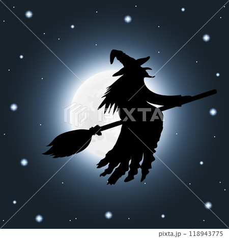 Silhouette of a witch flying on a broomstick. 118943775