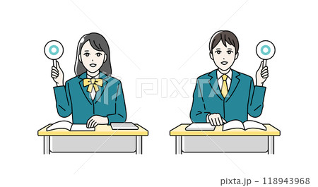 まるばつ札をあげる高校生の男女のイラスト まるばつ札をあげる高校生の男女のイラスト 118943968