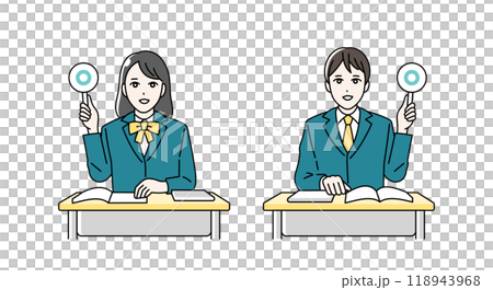 Illustration of male and female high school students giving a round or cross card Illustration of male and female high school students giving a round or cross card 118943968