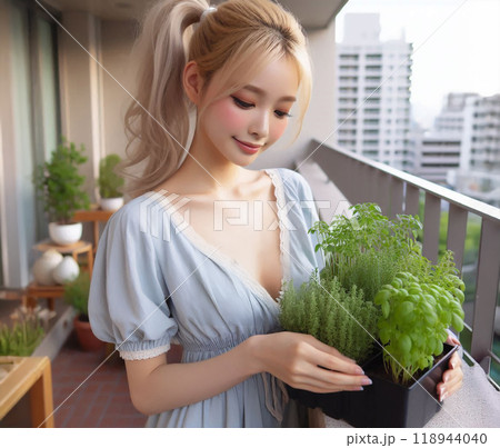ベランダで家庭菜園を楽しむ女性 ベランダで家庭菜園を楽しむ女性 118944040