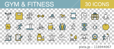 Gym, fitness and muscle training icon set color Gym, fitness and muscle training icon set color 118944067