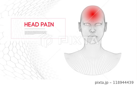 Wireframe Design of Human Head with Headache Indication 118944439