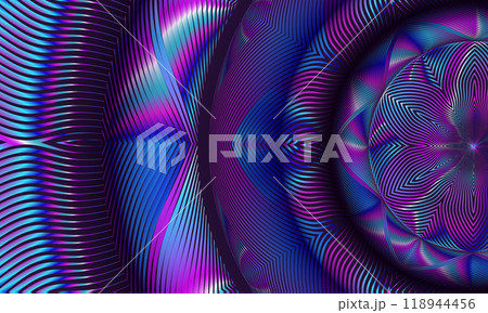 Abstract background featuring a curved, striped pattern in shades of blue and purple. 118944456