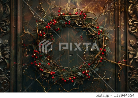 A lush circular Christmas garland, made of evergreen branches, red berries, and pine cones, adorned with golden ribbons and twinkling fairy lights, hangs on a rustic wooden door 118944554