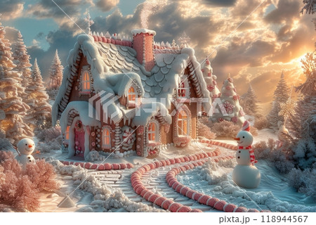 A detailed Christmas gingerbread house adorned with icing, candy canes, gumdrops, and chocolate roof tiles, set in a snowy landscape filled with festive decorations 118944567