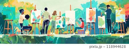 Outdoor art class in action with a group of people painting on canvases. The scene captures the creative process with brushes and vibrant colors, set against a picturesque natural backdrop, banner Outdoor art class in action with a group of people painting on canvases. The scene captures the creative process with brushes and vibrant colors, set against a picturesque natural backdrop, banner 118944628
