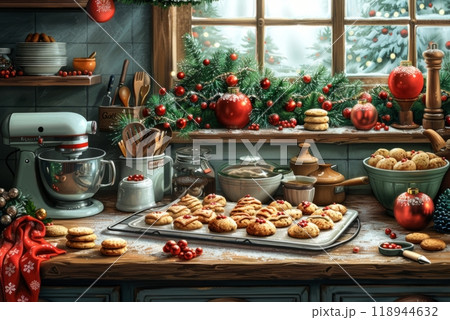 A cozy kitchen scene featuring a tray of freshly baked Christmas cookies cooling on a rack, surrounded by baking supplies, cookie cutters, and cheerful holiday decorations 118944632