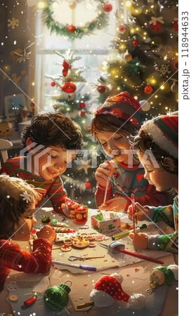 Kids are excitedly crafting handmade Christmas ornaments at a table filled with colorful supplies, creating a joyful and cozy holiday scene 118944633