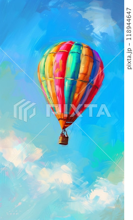 The colorful hot air balloon glides smoothly through the blue sky, creating a peaceful and scenic outdoor experience with a panoramic view, optimism concept The colorful hot air balloon glides smoothly through the blue sky, creating a peaceful and scenic outdoor experience with a panoramic view, optimism concept 118944647