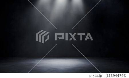 Empty Dark Stage with Spotlights and Fog for Dramatic Scene or Performance Background_8 118944768