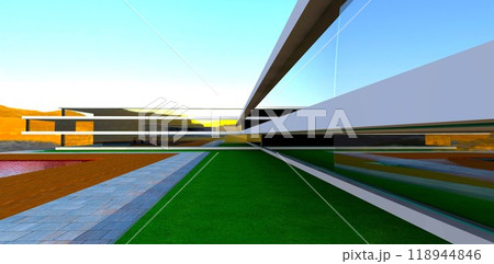 A modern residential complex with an elongated glass facade emphasizing the straightness and smoothness of the lines. 3D rendering. 118944846