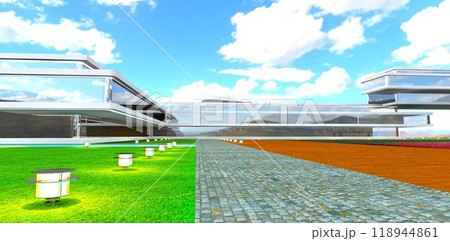 Daytime streetlights on a lawn along a granite pedestrian path in the yard of a high-tech house. Reflection of mountains in the glass facade. 3D rendering. 118944861