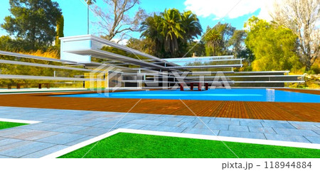 A picturesque garden scene with olive trees pruned into spherical shapes, set against a red ground devoid of grass, with a pathway leading towards a vibrant flowerbed. 118944884