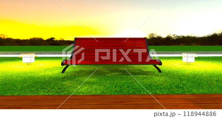 Wooden bench on the lawn illuminated by ground street lights at night. Frontal view. 3D rendering. Wooden bench on the lawn illuminated by ground street lights at night. Frontal view. 3D rendering. 118944886