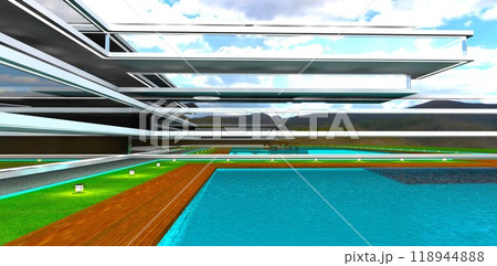 Wooden deck along a turquoise pool. Modern house with a glass facade. Low daytime streetlights on the grass. 3D rendering. 118944888