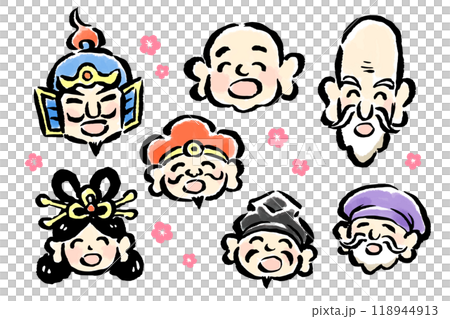 笑顔の七福神たち（顔のみ）　筆タッチ手描きイラスト 118944913
