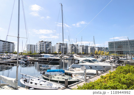 Yacht parking. A marina lot. Yacht and sailboat is moored at the quay. Yacht parking. A marina lot. Yacht and sailboat is moored at the quay. 118944992