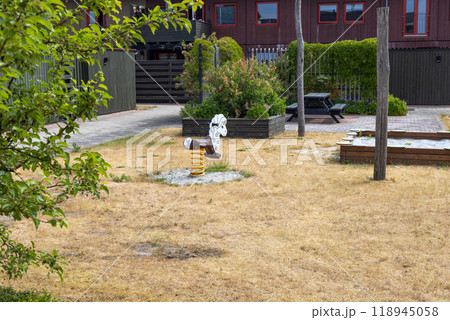 Summer drought. Dry grass. Summer without rain. 118945058
