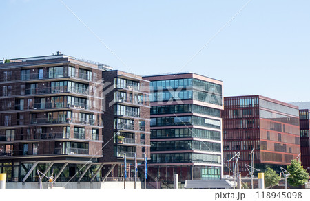 Facades of modern buildings in the city of Hamburg Germany. 118945098