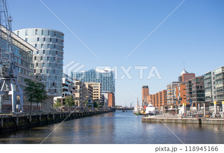 Facades of modern buildings in the city of Hamburg Germany. 118945166