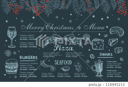 Christmas and New Year menu cafe. Template design. Hand drawn illustrations. Vector.	 118945213
