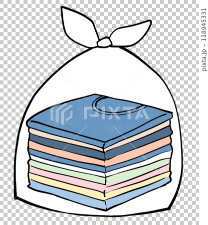 Illustration of a garbage bag filled with old cloth Illustration of a garbage bag filled with old cloth 118945331