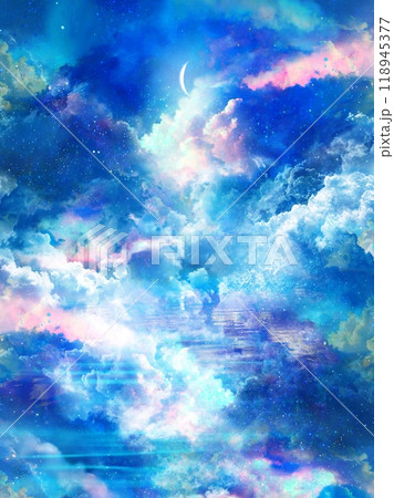 パステルカラーの入道雲の神秘的な天国背景イラスト(縦構図） 118945377