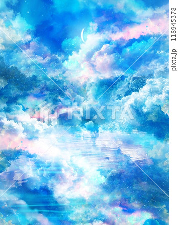 パステルカラーの入道雲の神秘的な天国背景イラスト(縦構図) パステルカラーの入道雲の神秘的な天国背景イラスト(縦構図) 118945378