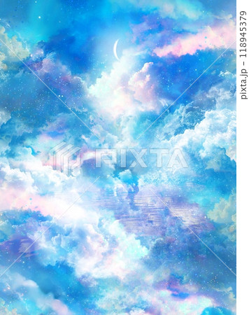 パステルカラーの入道雲の神秘的な天国背景イラスト(縦構図） 118945379