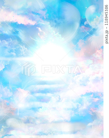 神秘的な天国へ続く雲の階段のファンタジー背景イラスト(縦構図) 神秘的な天国へ続く雲の階段のファンタジー背景イラスト(縦構図) 118945386