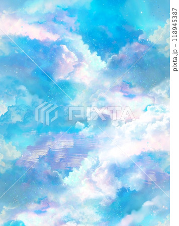 パステルカラーの入道雲の神秘的な天国背景イラスト(縦構図) パステルカラーの入道雲の神秘的な天国背景イラスト(縦構図) 118945387