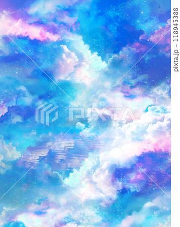 パステルカラーの入道雲の神秘的な天国背景イラスト(縦構図) パステルカラーの入道雲の神秘的な天国背景イラスト(縦構図) 118945388
