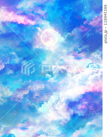 パステルカラーの入道雲の神秘的な天国背景イラスト(縦構図) パステルカラーの入道雲の神秘的な天国背景イラスト(縦構図) 118945389