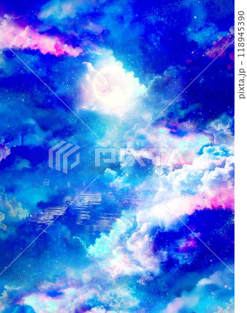 パステルカラーの入道雲の神秘的な天国背景イラスト(縦構図) パステルカラーの入道雲の神秘的な天国背景イラスト(縦構図) 118945390
