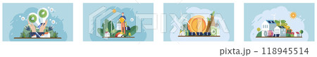 Energy efficiency. Person with lightbulbs, wind turbine and solar panel, large coin with greenery, and eco-friendly house with solar panels form the imagery. Ideal for renewable energy, eco-friendly 118945514