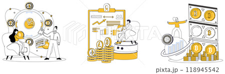 Cryptocurrency vector illustration. Business, canvas, paints masterpiece innovation as cryptocurrency becomes brushstroke progress Currency Bitcoin, blockchain and cryptocurrency concepts 118945542