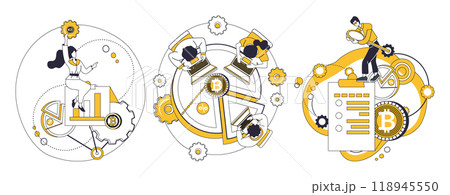 Cryptocurrency vector illustration. Investment, gardener, tends to seeds cryptocurrency, nurturing garden financial abundance Blockchain. Bitcoin, blockchain and cryptocurrency concepts 118945550