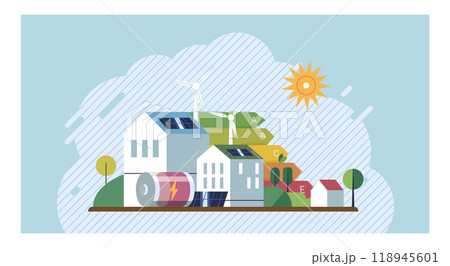 Energy efficiency. Houses with solar panels on roofs and a wind turbine in the background. Battery storage and an energy rating scale are also visible. Ideal for sustainable living, energy 118945601