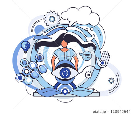 Abstract thinking. A female figure surrounded by an eye, gears, hexagons, a hand, and a speech bubble with clouds. Ideal for creative thinking, innovation, technology, communication, and visionary Abstract thinking. A female figure surrounded by an eye, gears, hexagons, a hand, and a speech bubble with clouds. Ideal for creative thinking, innovation, technology, communication, and visionary 118945644