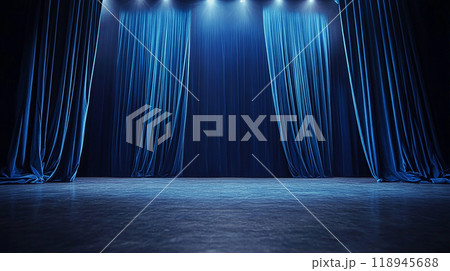 青いカーテンとスポットライトに照らされたステージ 118945688