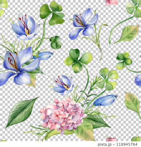 Spring wild flowers watercolor seamless pattern isolated. Clover, pink hydrangea and crocus illustration hand drawn by repeated background. Botanical art print for design package, home decor, textile. 118945764