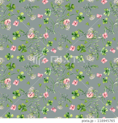 Seamless floral pattern with pink flowers, clover and white wildflowers watercolor isolated. Realistic spring plants hydrangea, shamrock on repeated background hand drawn. Botanical design for textile Seamless floral pattern with pink flowers, clover and white wildflowers watercolor isolated. Realistic spring plants hydrangea, shamrock on repeated background hand drawn. Botanical design for textile 118945765