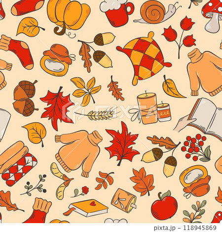 Warm cozy atmosphere of autumn seamless patternのイラスト素材 [118945869] - PIXTA