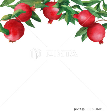 Composition of whole pomegranates with leaves. Watercolor illustration isolated on white background. For menu, card, sticker, wrapping, design 118946058