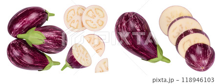 striped eggplant graffiti isolated on white background with full depth of field. Top view. Flat lay 118946103
