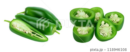 jalapeno peppers isolated on white background. Green chili pepper with full depth of field. jalapeno peppers isolated on white background. Green chili pepper with full depth of field. 118946108