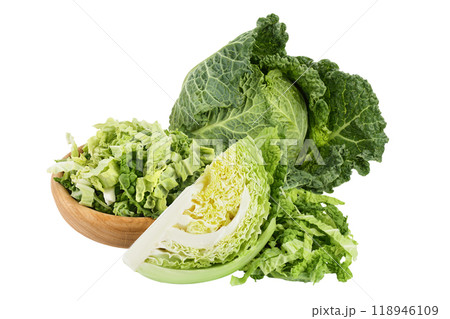 Savoy cabbage slice isolated on white background with full depth of field Savoy cabbage slice isolated on white background with full depth of field 118946109