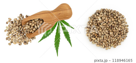 Hemp seeds in wooden scoop isolated on white background with full depth of field. Top view. Flat lay. Hemp seeds in wooden scoop isolated on white background with full depth of field. Top view. Flat lay. 118946165