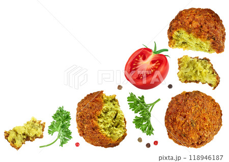 falafel ball isolated on a white background with full depth of field. Top view. Flat lay. falafel ball isolated on a white background with full depth of field. Top view. Flat lay. 118946187