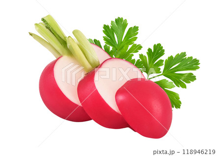 Radish slices isolated on white background with full depth of field 118946219
